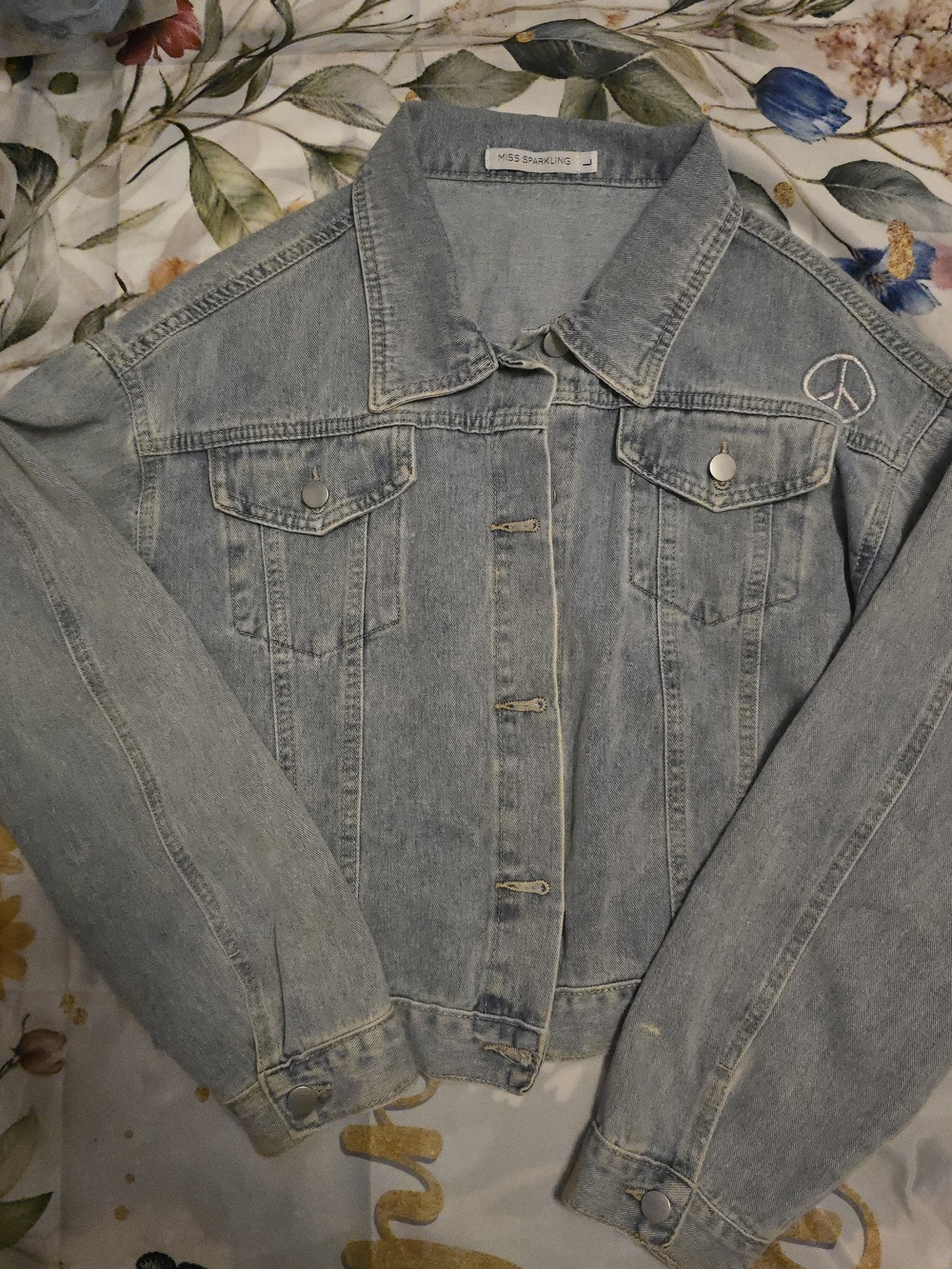 Miss Sparkling Light Blue Denim Jacket with Peace Embroidery